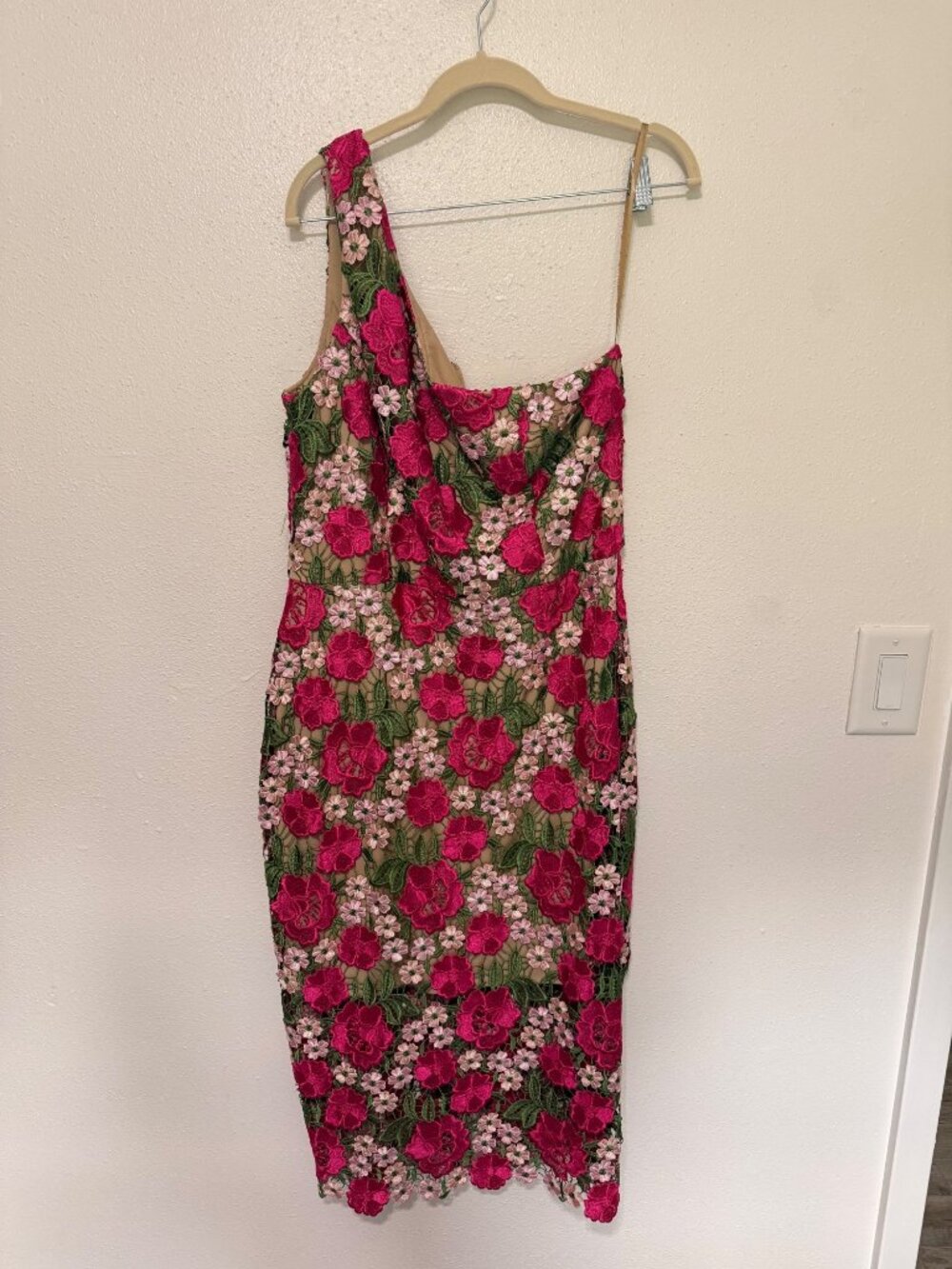 Xscape Dress Pink Green Floral Lace Overlay One Shoulder Womans 14